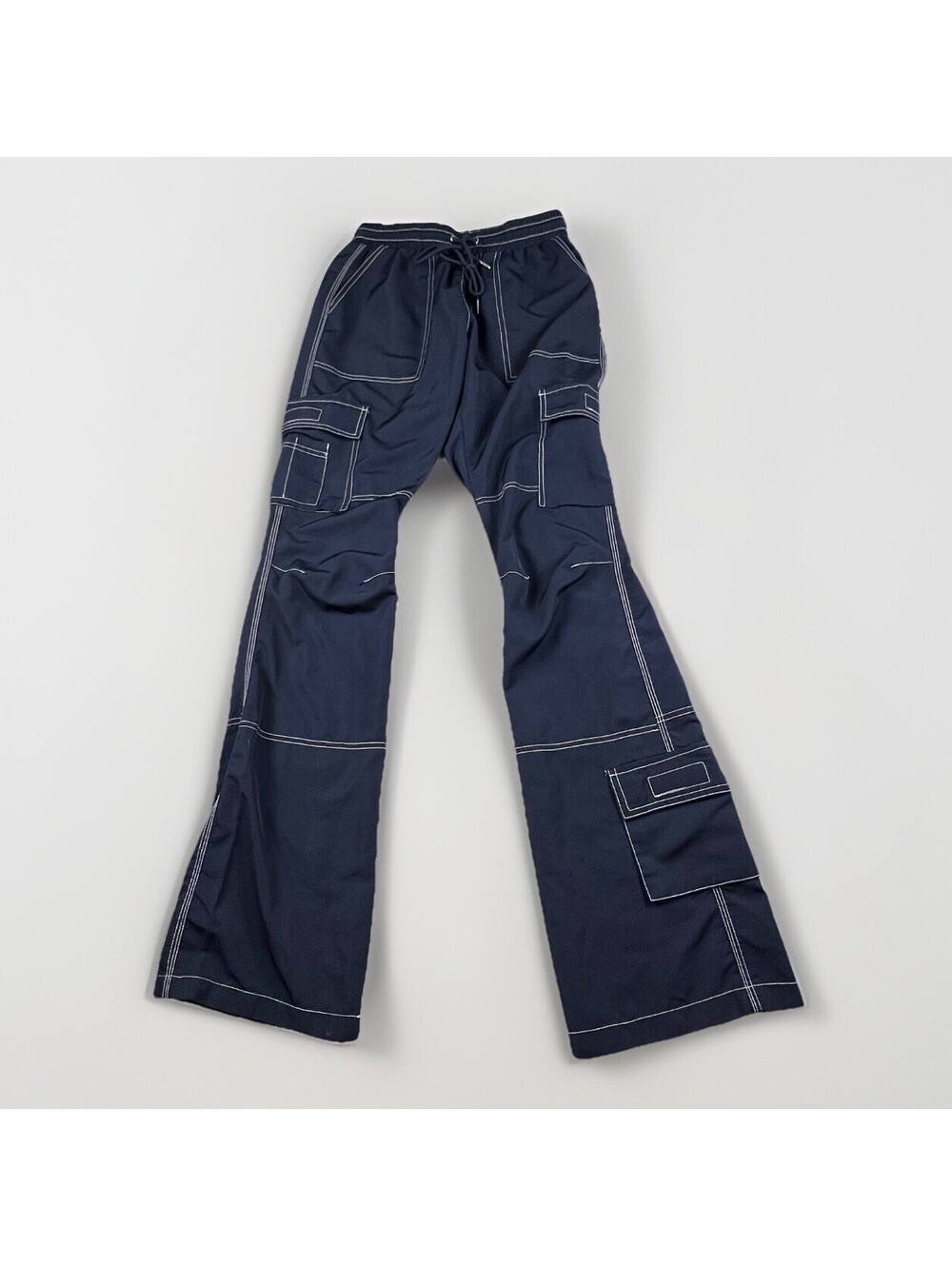 Women’s Y2K Flare Cargo Pants Navy Contrast Stitch Utility Streetwear Rave S
